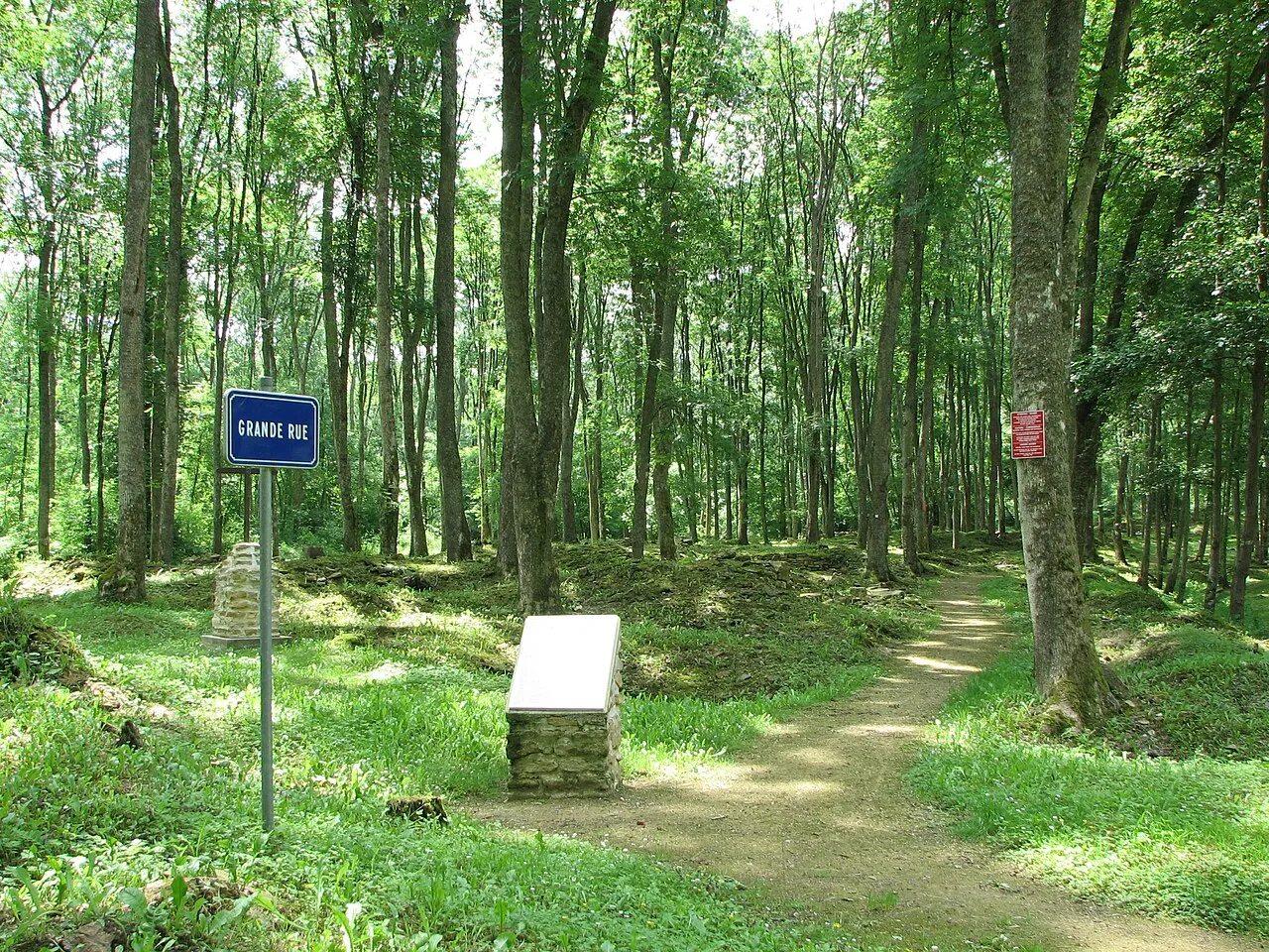 Dans un sous-bois clair, un panneau bleu « Grande Rue », une stèle de pierre et un sentier de terre ; sur un arbre, un panneau rouge